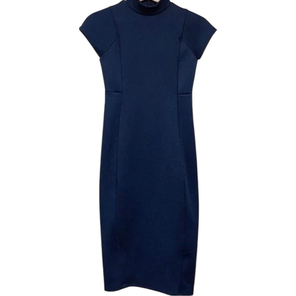 Zara Size L scuba Mock Neck Thick Bodycon Midi Dress in Navy Blue short sleeve
